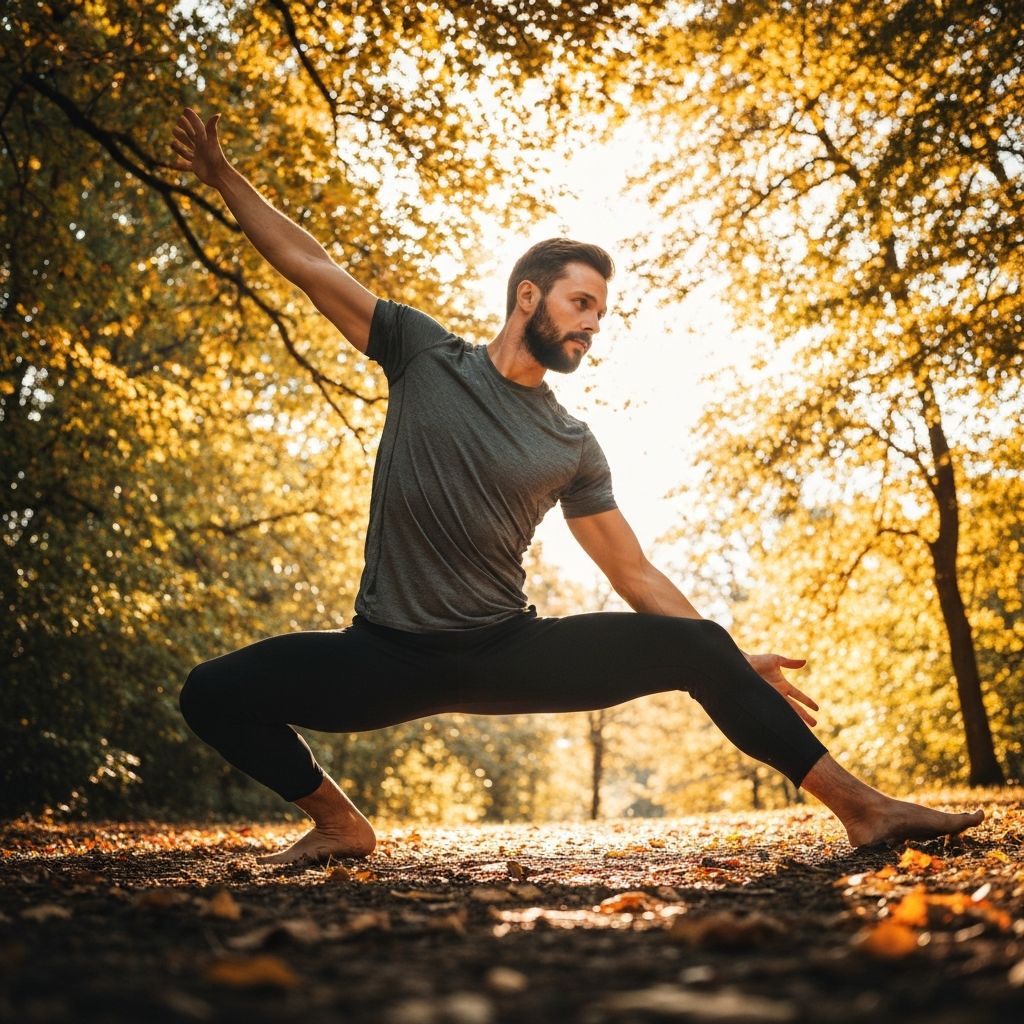Man doing yoga and stretching in nature